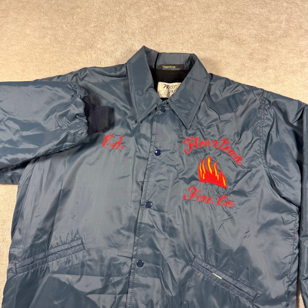 West Wind Coaches Jacket Mens L Blue Flourtown Fire Co Embroidered Fur Lined